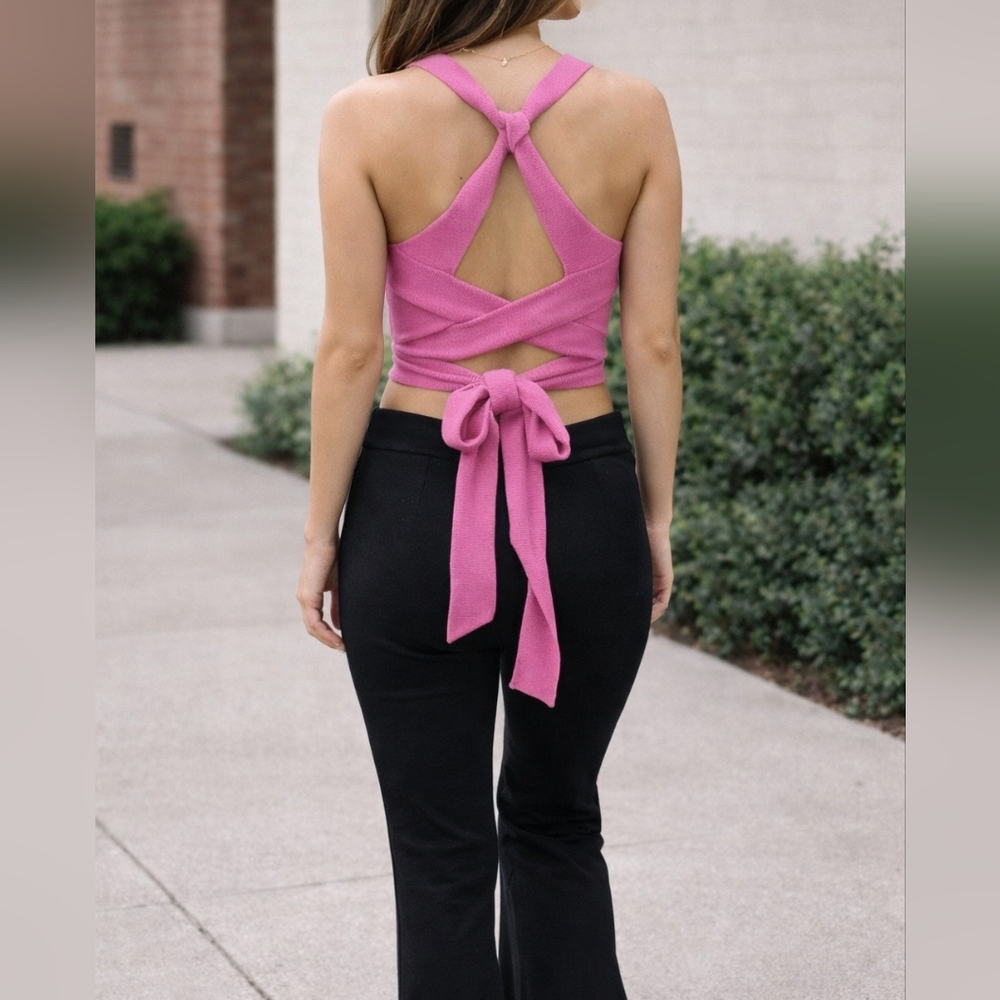 Pink Knit Halter Wrap Tie Top S Y2K Coquette Going Out Valentine's Day Barbiecor
